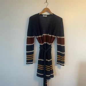 Linen knit cardigan by Alpha Studio, navy, gold, brown and white, size 42